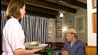 French Brunette Enjoys Threesome In A Restaurant With Voyeuristic Papy